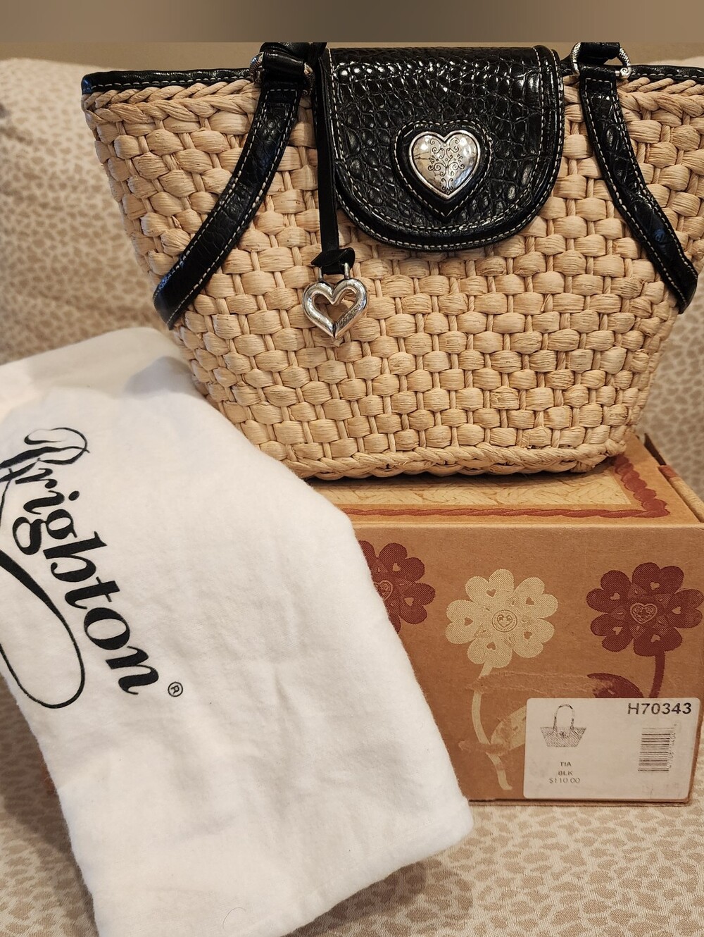 Nwt Brighton "Tia" Woven Straw & Black Leather Trim Handbag Tote